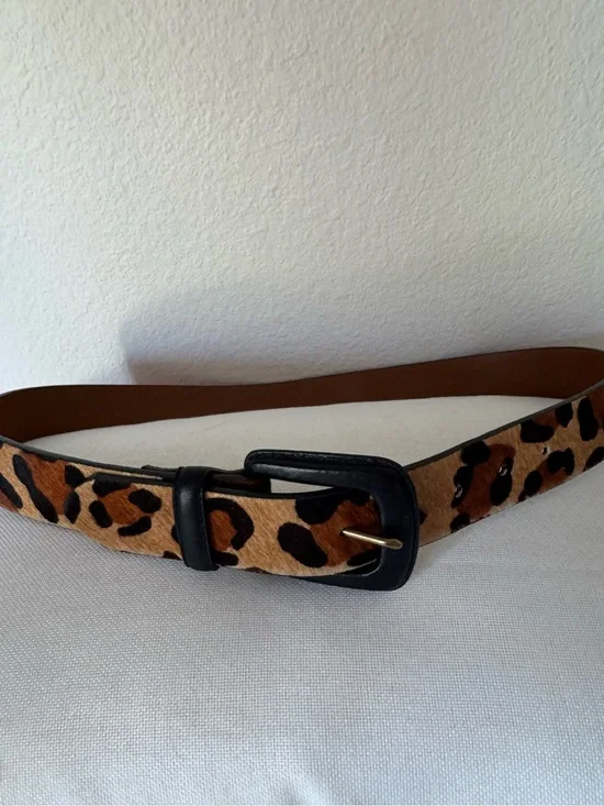 Lauren Ralph Lauren Leopard Print Genuine Leather Belt Black Leather Buckle