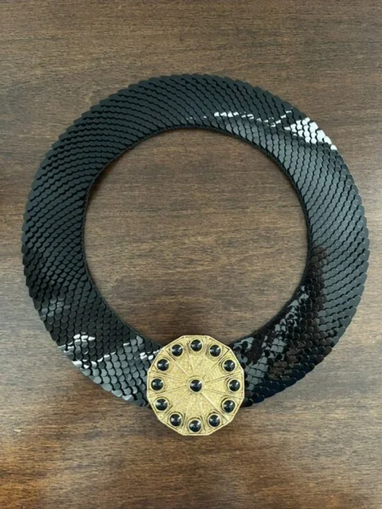 Stretch Statement Belt Black Scale Wide Gold Tone Medallion Buckle