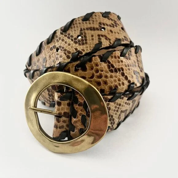 Leather Belt Snakeskin Print Tan Brown Black Gold Tone Buckle Size Large