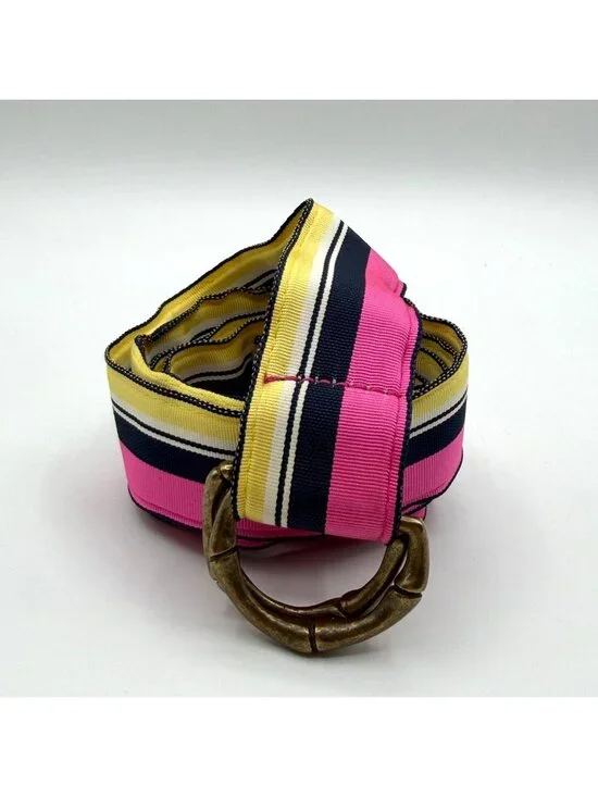 J. Crew Pink Yellow & Navy Blue Striped Grosgrain Ribbon D Ring Belt Size M / L