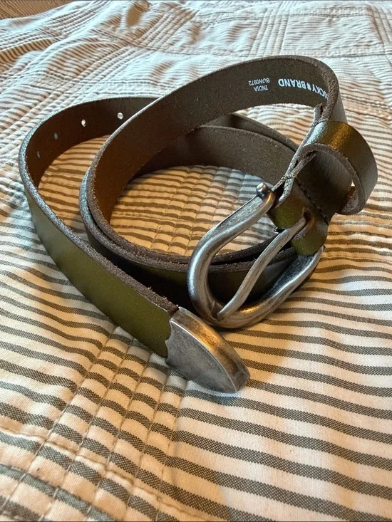 Lucky Brand Olive Green Leather Belt with Distressed Silver Buckle