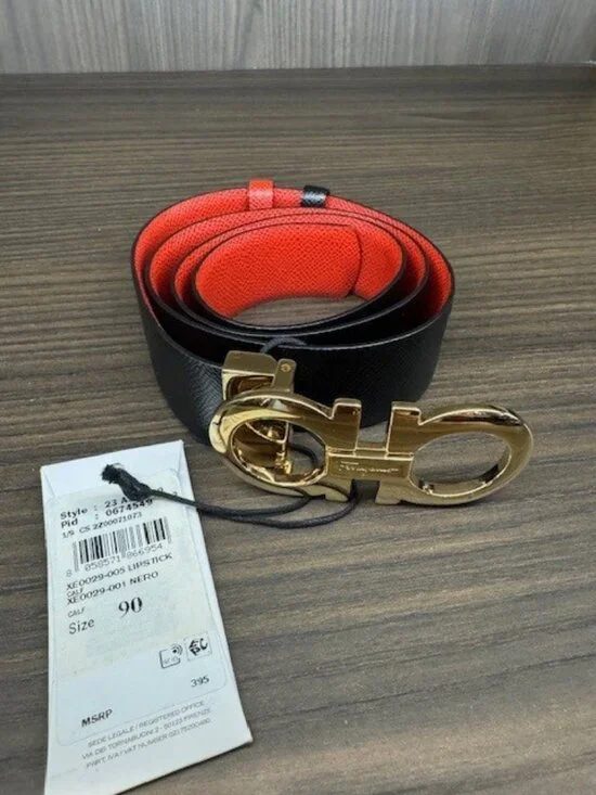 Salvatore Ferragamo Black Exterior Red Interior Leather Belt with Gold Gancini