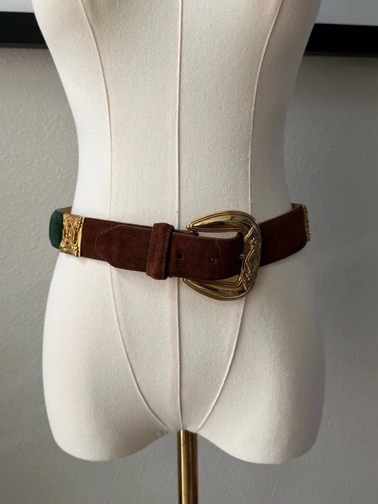 Vintage Brighton Multicolor Colorblock Suede Statement Brass Belt Sz Medium USA
