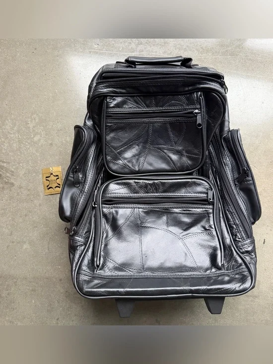 Vintage Black Leather Rolling Carry Backpack Multiple Compartments