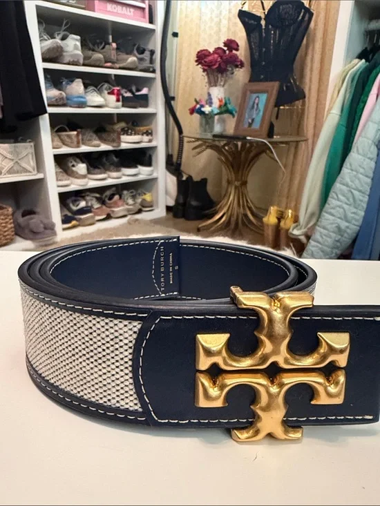 Tory Burch Kira Leather and Canvas Navy Belt with Gold Logo Buckle
