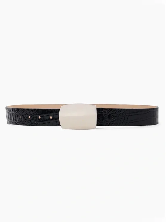 L'AGENCE Black Croc-Embossed Belt with Cream Statement Buckle