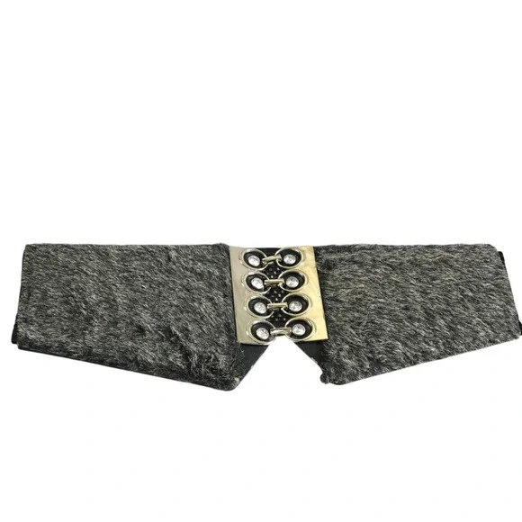 Womens Grey Faux Fur Wide Cinch Belt‎ Silver Rhinestone Buckle Elastic Mesh Back