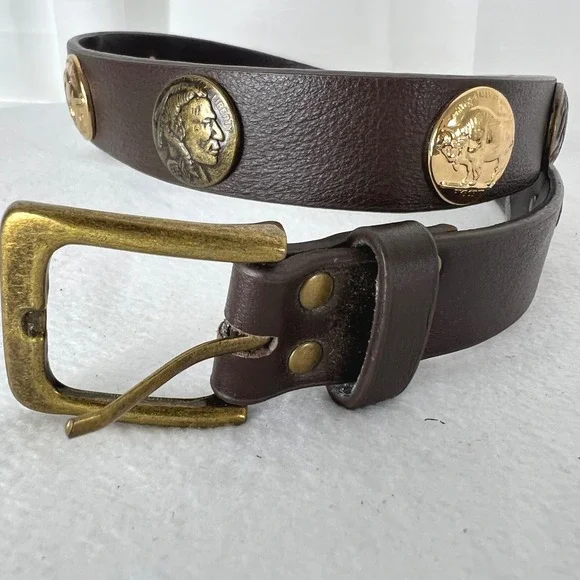 Womens Brown Faux Leather Buffalo Nickel Coin Belt‎ Western Boho 34.5 Inch