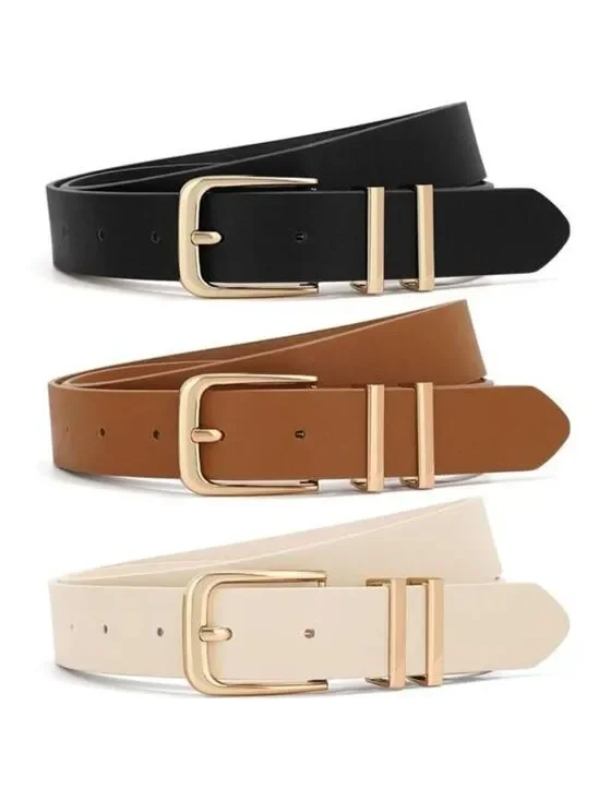 Womens Leather Belt Set Gold Buckle Belts for Jeans Dresses Pants Size 37-41 in