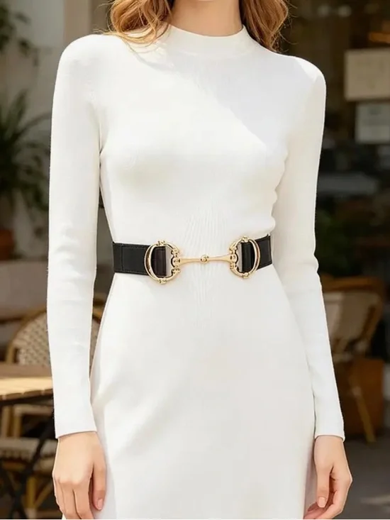 Gold Horsebit Black Elastic Waist Belt - Women's Accessory
