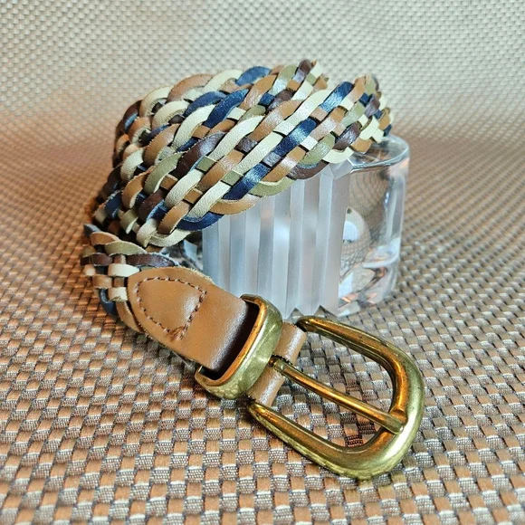Vintage Braided Leather Belt Brass Buckle Navy Tan Cream Green 51