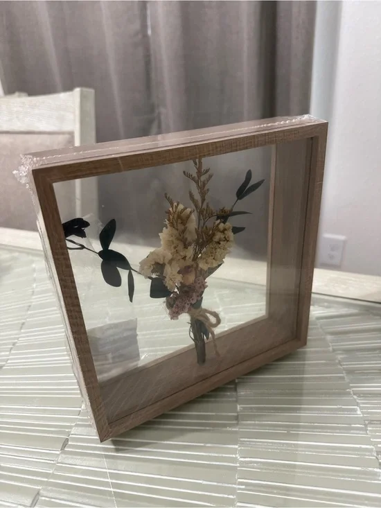 Rustic Wooden Shadow Box with Preserved Cream Floral Bouquet