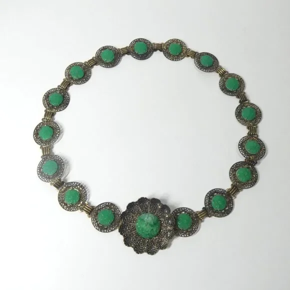 Metal Flower Link Belt w/ Carved Green Glass 26