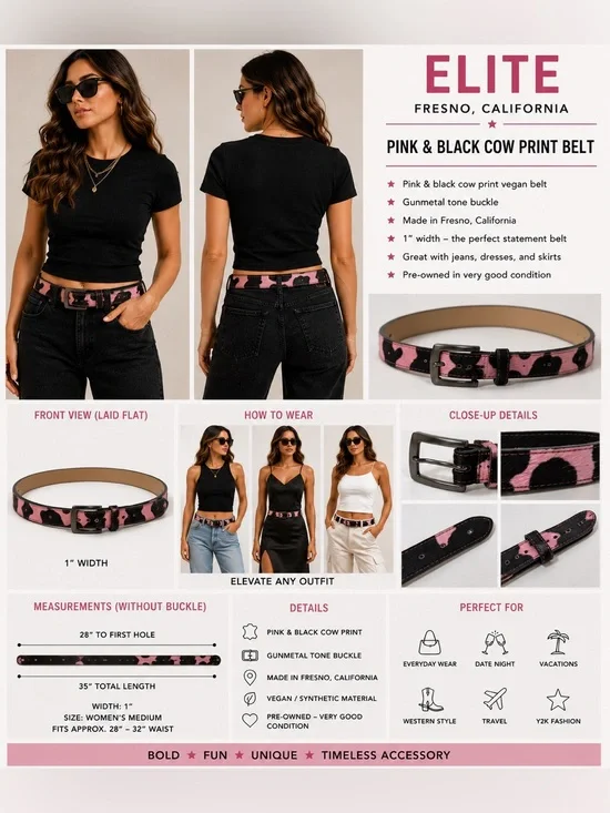 Elite Fresno California Pink Black Cow Print Belt Women's M 1