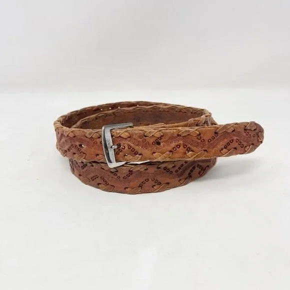 VTG Hand Tooled Leather Belt Wms 34 Brown Silver Buckle Made in Mexico Western