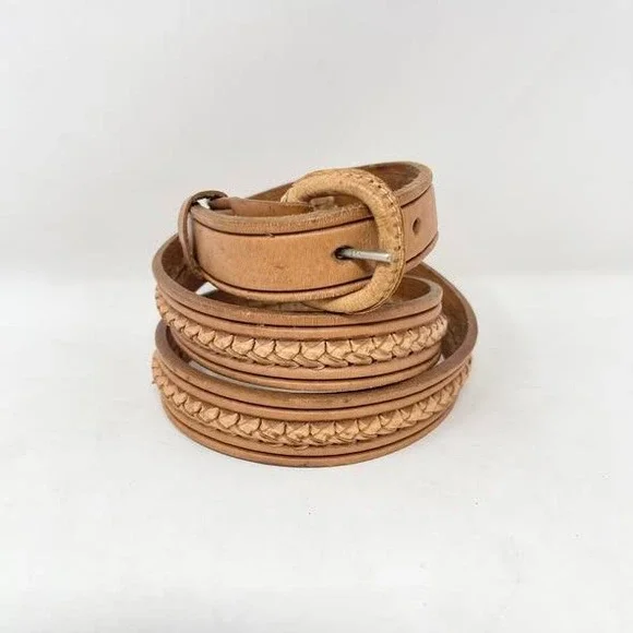 VTG Braided Belt Wms 36 Tan Brown Leather Hand Tooled Covered Buckle Western