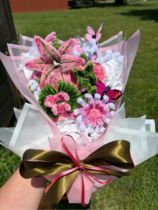 Handmade Pink & Green Felt Flower Bouquet