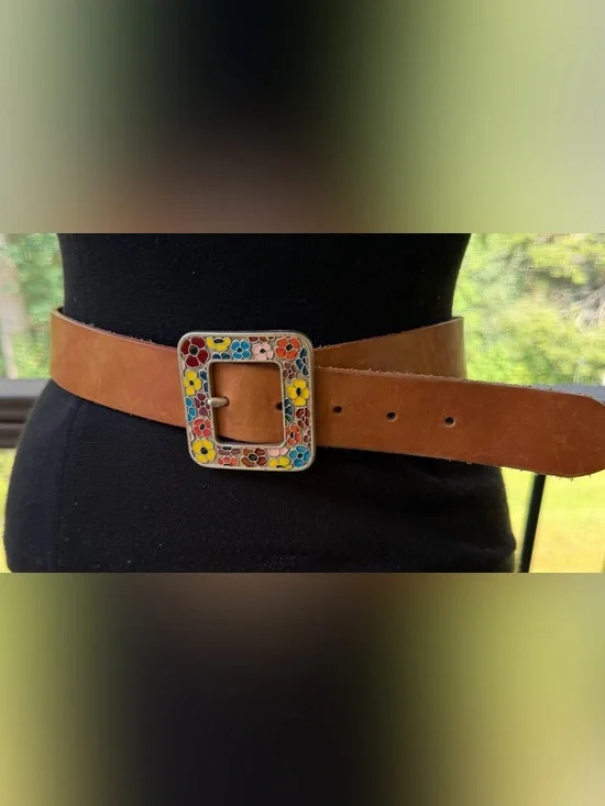 Vintage 90’s Tan Leather Belt Cloisonné Style Enameled Buckle Floral Size 30