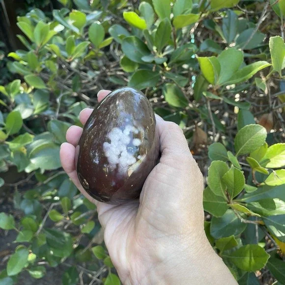 Flower Agate Polished Egg Madagascar 418 grams brown with white blooms natural