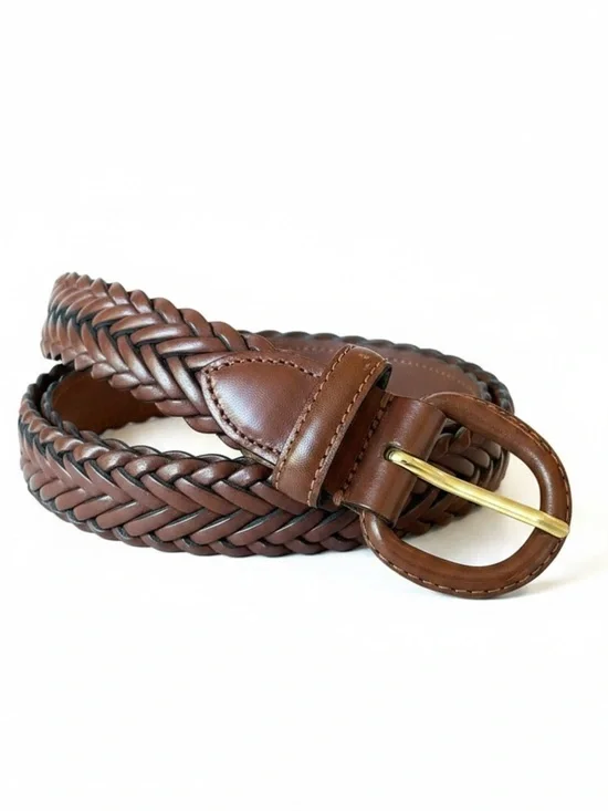 Braided Leather Belt Covered Buckle Cognac Brown Sz 40 Classic Boho Adjustable