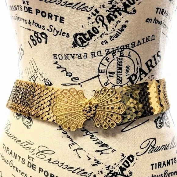 VTG Accessocraft Gold Tone Belt Fish Scale Sequins Metal‎ Ornate Buckle Etruscan