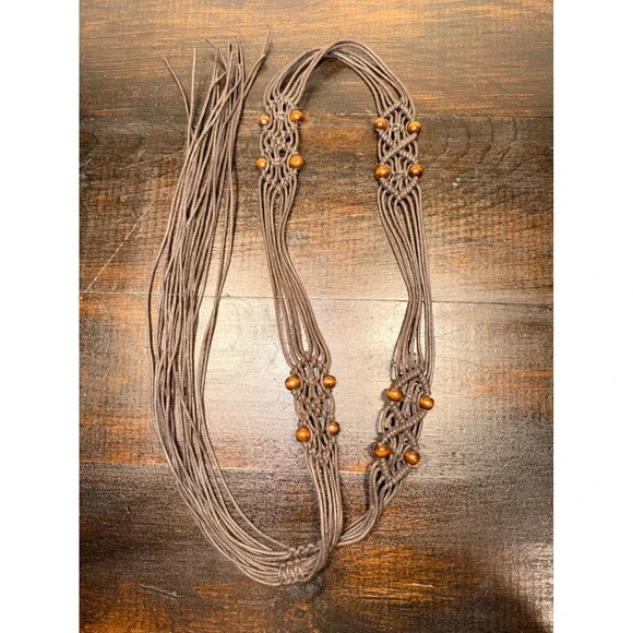 Boho Macrame‎ Belt Brown Woven Cord Wood Beads Adjustable Tie String Tie Back