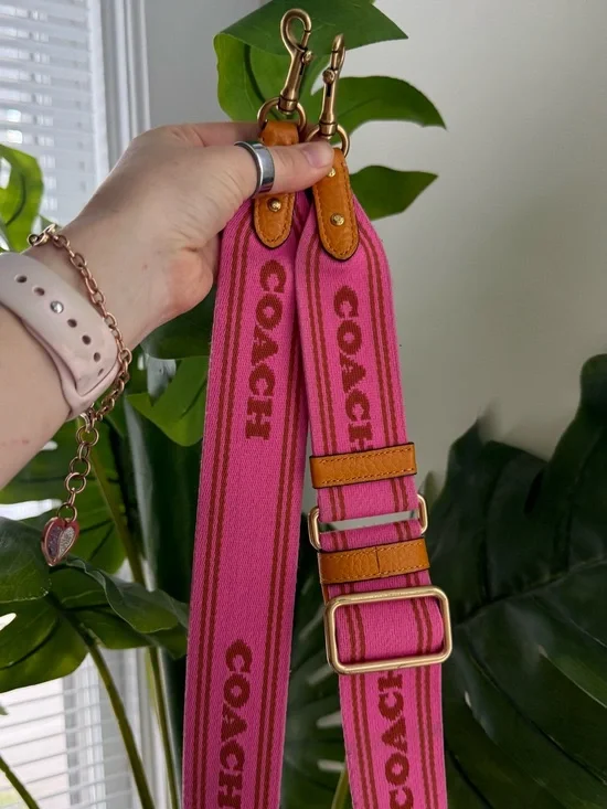 Coach Pink and Tan Logo Webbing Strap with Gold-Tone Hardware