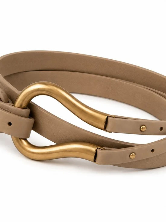 Taupe Leather Double-Wrap Belt with Gold Tone Hardware