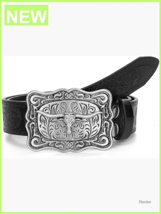 Western Cowgirl Belt Embossed PU Leather Bull Head Buckle Adjustable 27-41