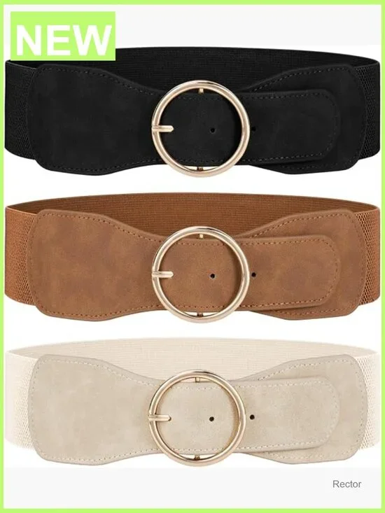 3 Pack Elastic Wide Waist Belt for Women - Stretch Dress Belt with Gold Round
