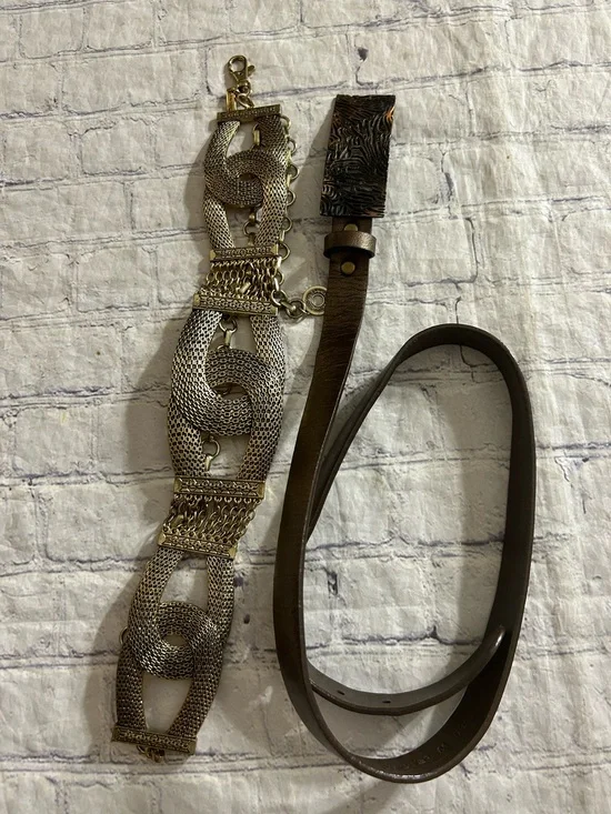 CHICO’S (2) UNIQUE STYLES GOLD CHAIN EMBELLISHED AND BROWN LEATHER BELTS