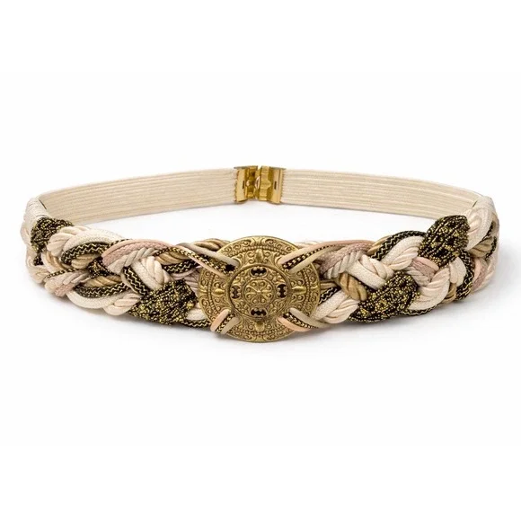 Vintage Braided Rope Statement Belt Gold‎ Medallion Elastic Boho Waist Belt