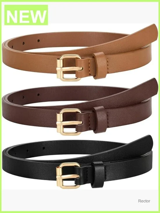 3 Pack Skinny Leather Belts for Women - Gold Buckle, 0.7