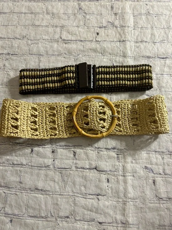 CHICO’S BAMBOO CIRCLE BUCKLE RATTAN WIDE BELT NATURAL COLOR AND BROWN BEADS BELT