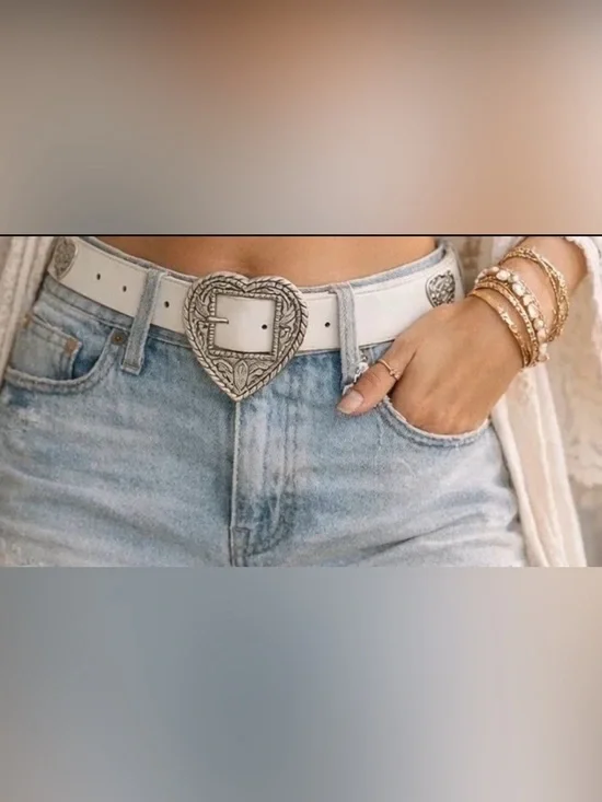 Revolve White Belt Silver Hearts Vegan Leather