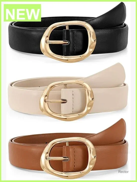 3 Pack Faux Leather Belts with Gold Buckle for Women