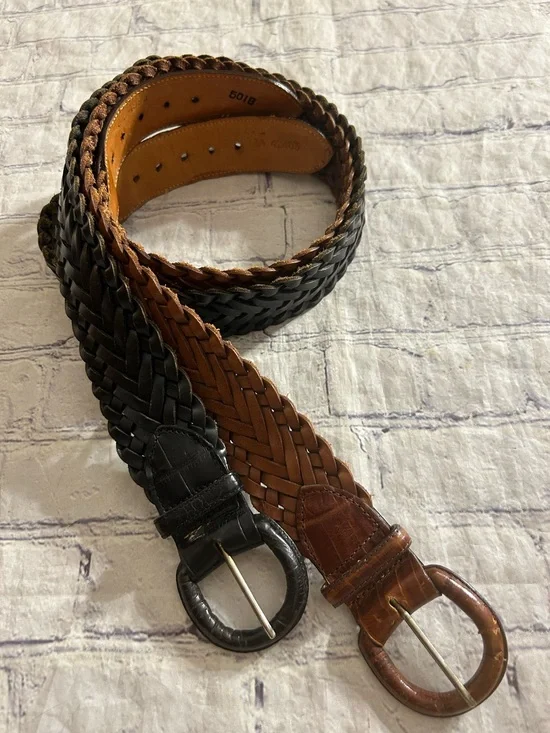 BRIGHTON VTG BRAIDED WOVEN BLACK & BROWN LEATHER COVERED BUCKLES WOMEN’S BELTS