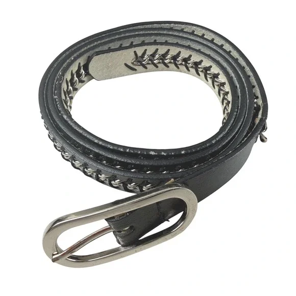 Black Faux Leather‎ Chain Link Belt Silver Buckle Edgy Punk Rock Style