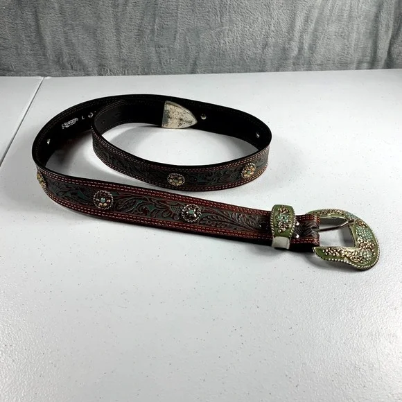 Nocona Western Tooled Leather Belt Women Large Turquoise Rhinestone Green Buckle
