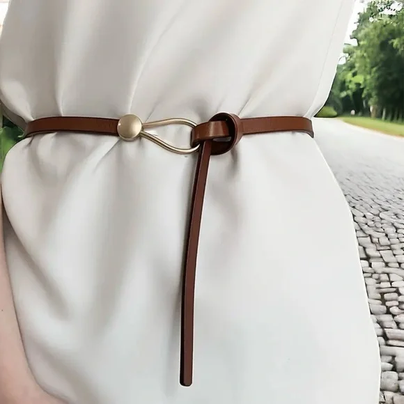 Trendy Knotted Thin Skinny Belt‎ Classic Camel Color Faux Leather One Size