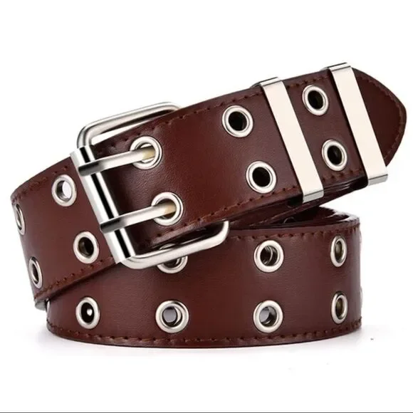 Brown Retro Y2K Double Row Silver Grommet Fashion Belt NEW