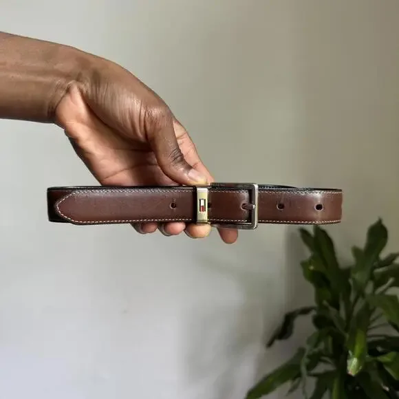 Vintage‎ Hdouble sides brown/black reversible silver buckle leather belt size L