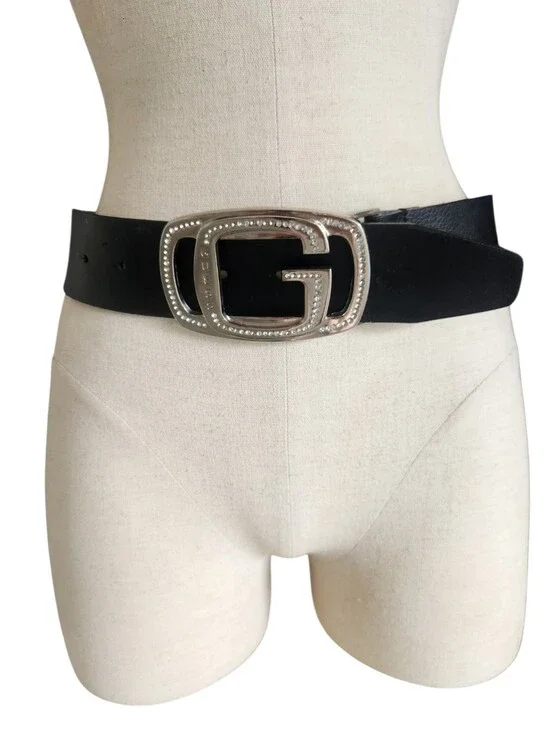 Guess Genuine Leather Belt Big G Silver Diamonte Rhinestone Buckle Sz Medium