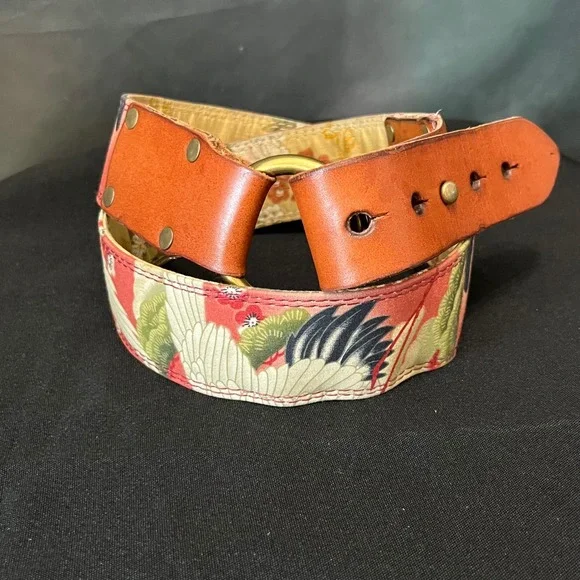 Y2K Lucky Brand Crane‎ Floral Wide Belt Boho Art Wear Leather O Ring Size 32