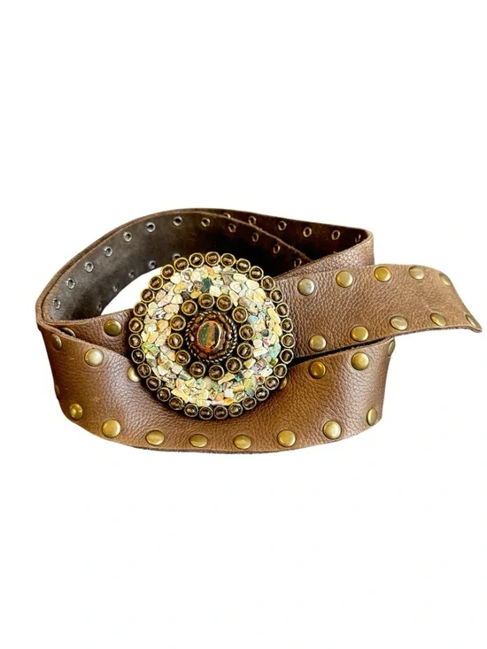 Leatherock Brown Studded Leather Belt Abalone Mosaic Stone‎ Buckle Cowgirl XL