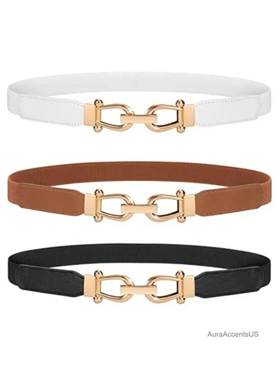 Women Stretchy Waist Belt Elastic Skinny Belt with Gold Buckle
