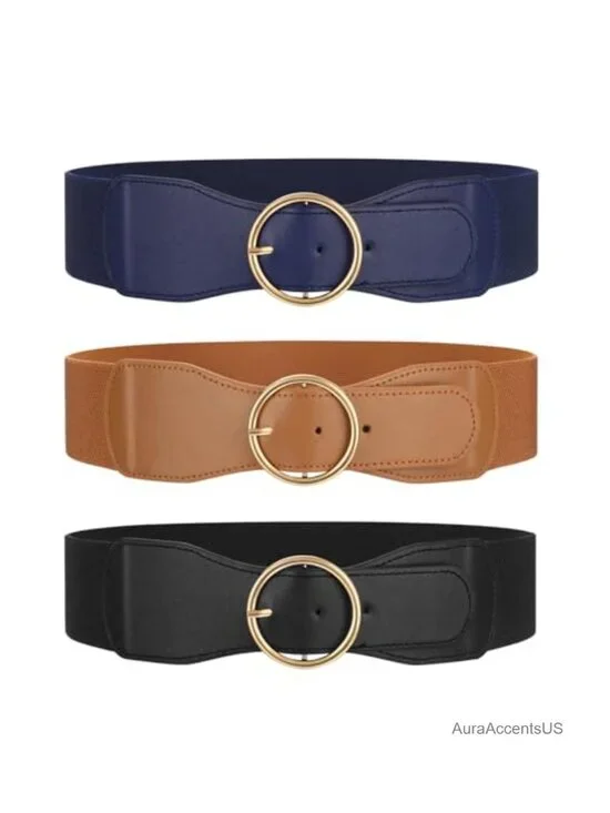 Women Elastic Stretchy Wide Belt with Gold O Ring Buckle