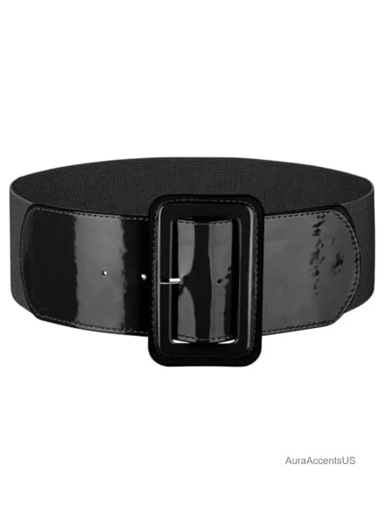 Wide Stretchy Elastic Waist Belt with Patent Square Buckle