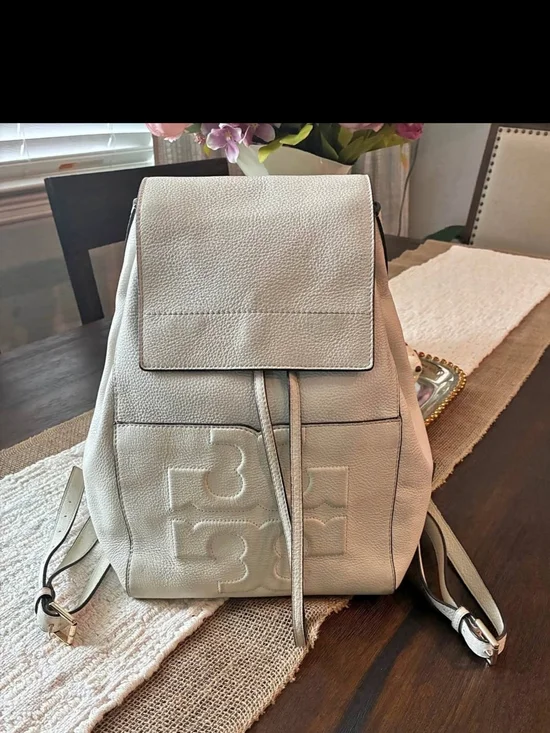 Tory Burch Embossed Logo Leather Backpack in Cream
