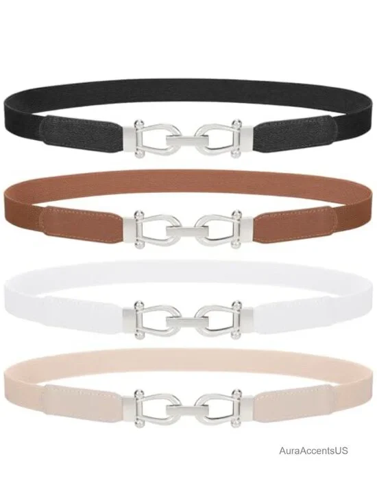 4 Pack Women Skinny Elastic Belts Gold Buckle Stretch Dress Belt Set